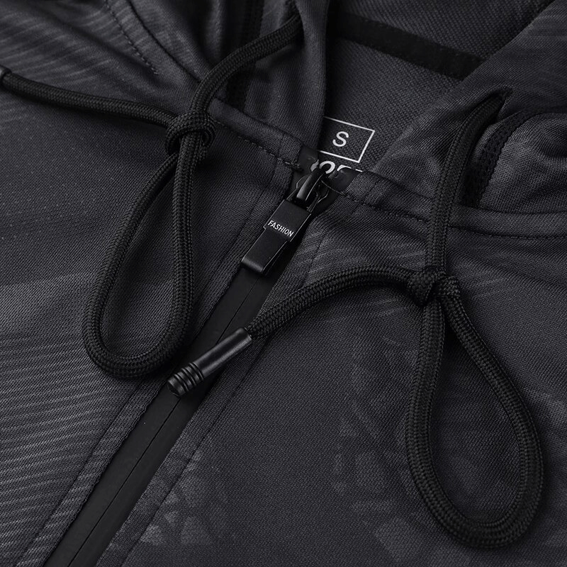 Stylish Elastic Sports Men's Hoodie with Zipper in black featuring a hood and drawstrings, made with polyester for athletic performance.